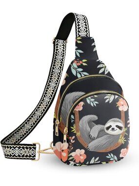 Unisex Sloth Floral Sling Backpack Black Gold Imported Crossbody Bag